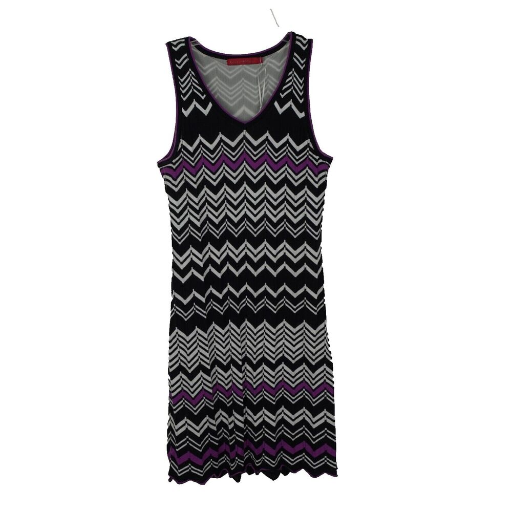 Krimson Klover Chevron Knit Dress Medium V-Neck Sleeveless Black Pink Boho Retro